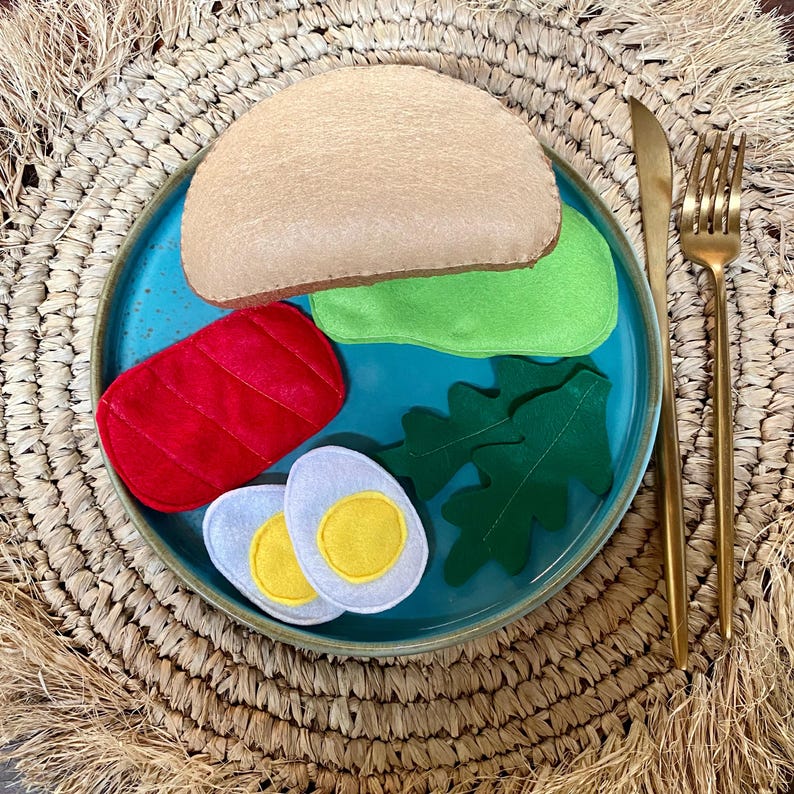 Belegte Filz Brote Spielessen – Lachs, Erdbeeren & Bananen, Schinken, Feigen – Spielküche Zubehör