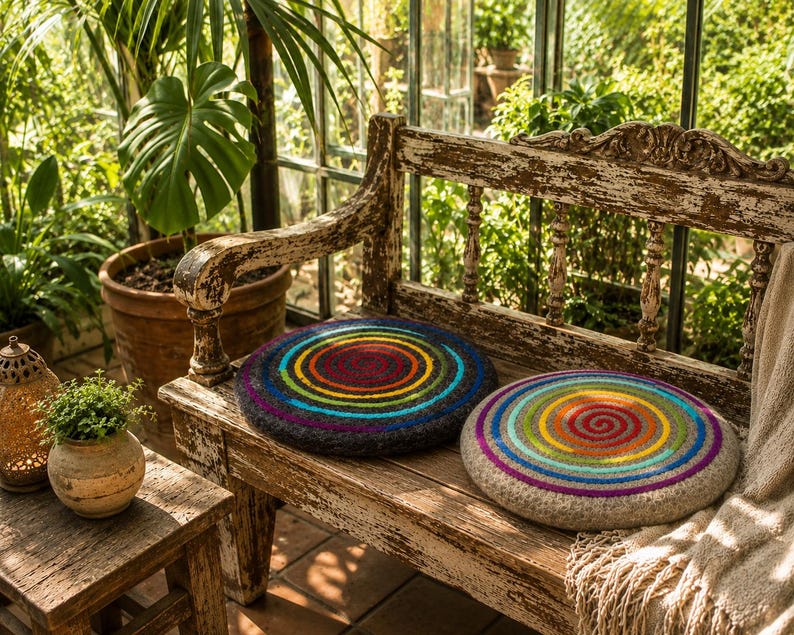 Rundes Sitzkissen aus Wollfilz mit Regenbogen-Spirale – Stuhlkissen in Natur oder Anthrazit, 35 cm