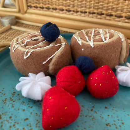 Felt Cinnamon Roll with Strawberries Play Food Set