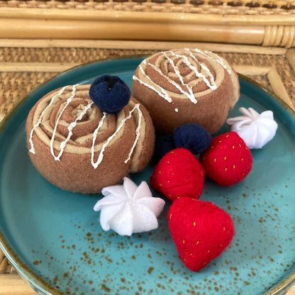 Felt Cinnamon Roll with Strawberries Play Food Set