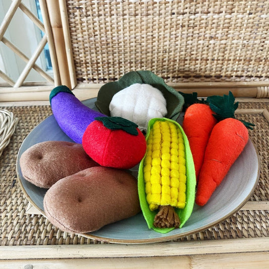 Filz-Gemüse-Spielset – 7-teilig: Karotte, Kartoffel, Aubergine, Mais, Blumenkohl, Tomate