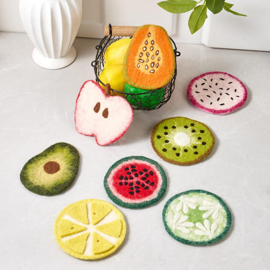Handgemachte Wollfilz Obst Untersetzer - Avocado, Apfel, Birne, Orange