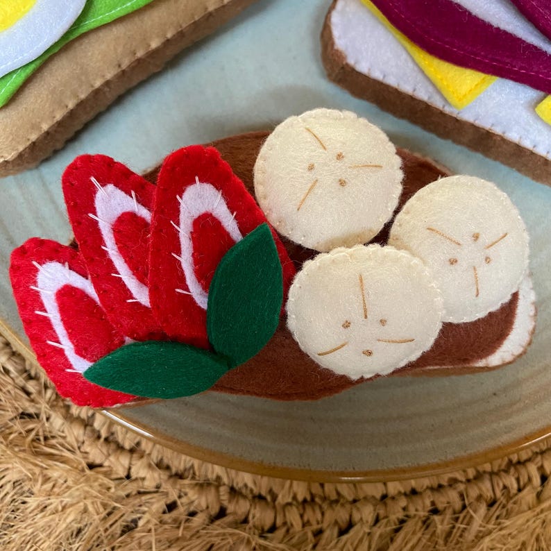 Belegte Filz Brote Spielessen – Lachs, Erdbeeren & Bananen, Schinken, Feigen – Spielküche Zubehör