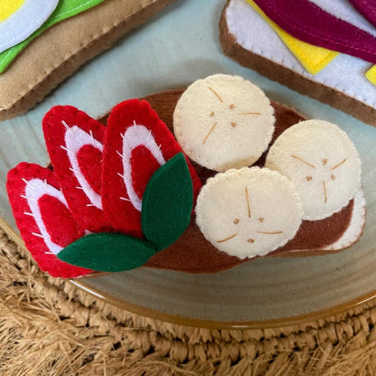 Belegte Filz Brote Spielessen – Lachs, Erdbeeren & Bananen, Schinken, Feigen – Spielküche Zubehör