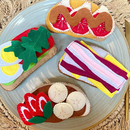 Belegte Filz Brote Spielessen – Lachs, Erdbeeren & Bananen, Schinken, Feigen – Spielküche Zubehör