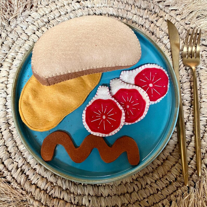 Belegte Filz Brote Spielessen – Lachs, Erdbeeren & Bananen, Schinken, Feigen – Spielküche Zubehör