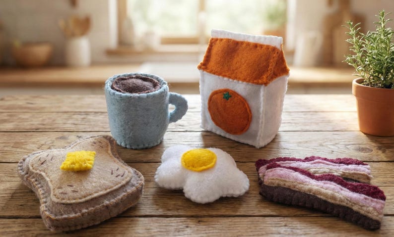 Nähvorlage für ein Frühstücksset aus Filz – Toast, Speck, Eier, Saft und Kaffee – Handnähvorlage