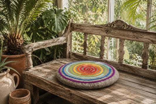 Rundes Sitzkissen aus Wollfilz mit Regenbogen-Spirale – Stuhlkissen in Natur oder Anthrazit, 35 cm