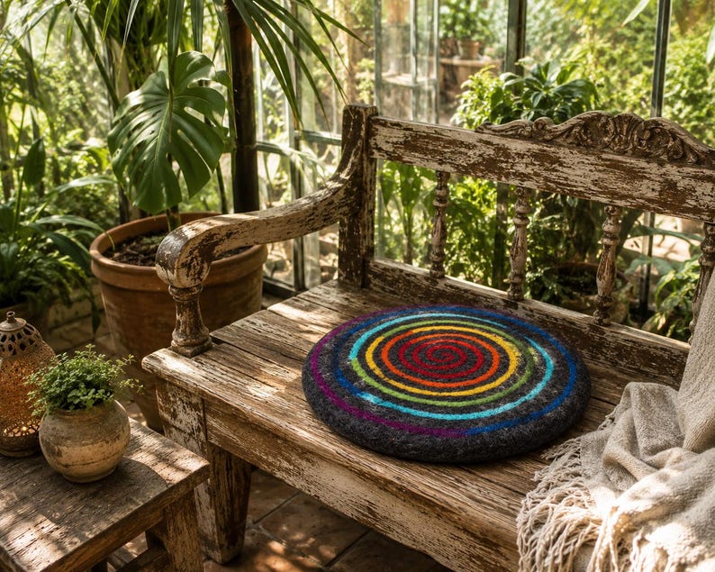 Rundes Sitzkissen aus Wollfilz mit Regenbogen-Spirale – Stuhlkissen in Natur oder Anthrazit, 35 cm